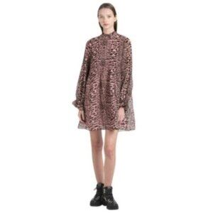 Ganni Rose Animal Print Pleated Georgette Boho Dress 40
